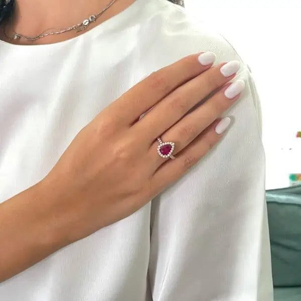 2 Carat Red Ruby Pear Shape Halo Diamonds Engagement Ring