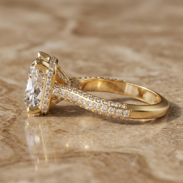 5 Carat Cushion Cut Lab Diamond Engagement Ring – Hidden Halo in 14K Yellow Gold