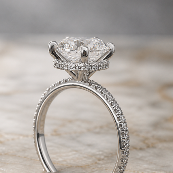 4 Carat Round Lab Diamond Engagement Ring Hidden Halo, Set in White Gold 14K