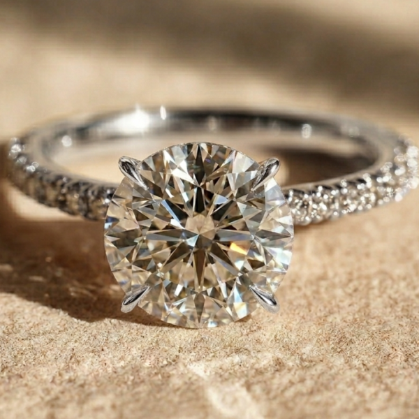 4 Carat Round Lab Diamond Engagement Ring Hidden Halo, Set in White Gold 14K