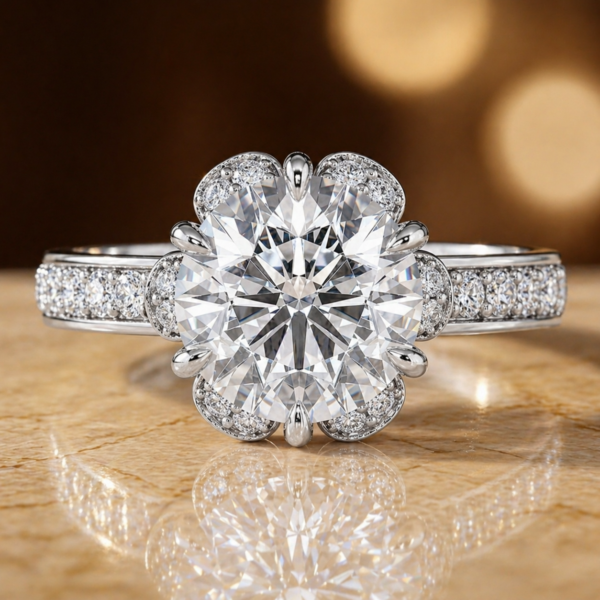 1.56 Carat Six Prong Flower Halo Engagement Ring