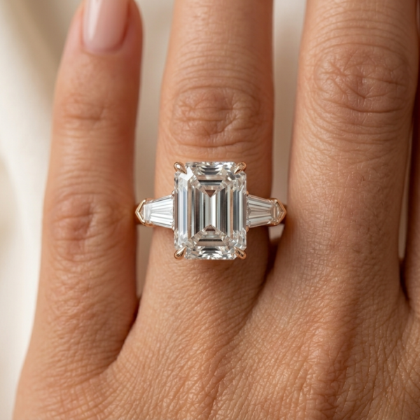 5 Carat Emerald Cut Lab Diamond Three Stone Engagement Ring in White Gold