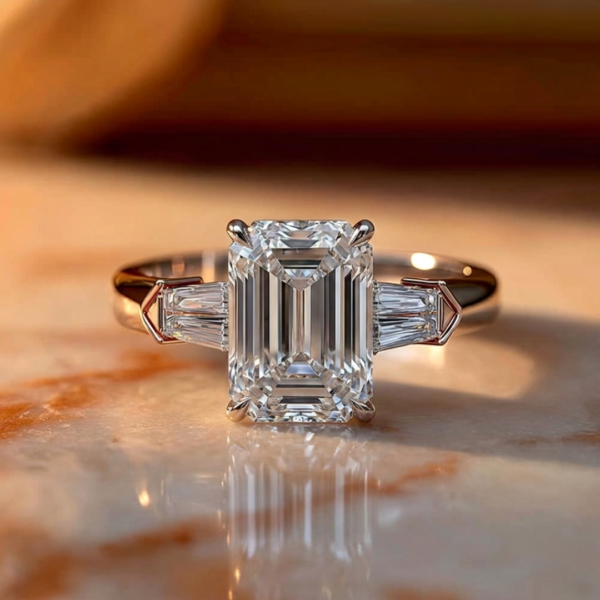 5 Carat Emerald Cut Lab Diamond Three Stone Engagement Ring in White Gold