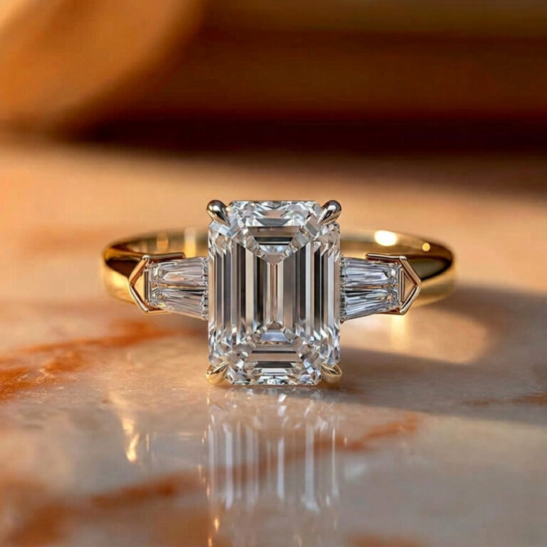 2 Carat Emerald Cut Lab Diamond Three Stone Engagement Ring in 14K Yellow Gold