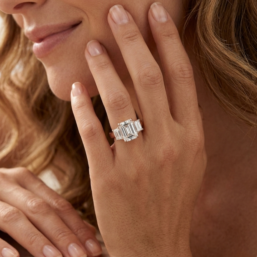3.47 Carat 3 Diamonds Emerald Shape Engagement Ring