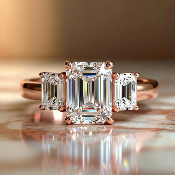 3.47 Carat 3 Diamonds Emerald Shape Engagement Ring