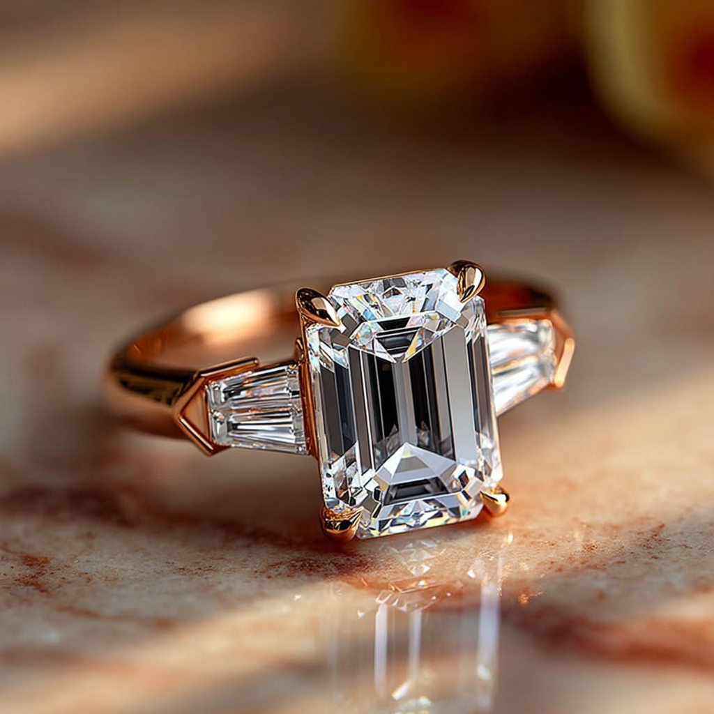 3 Carat Emerald Cut Lab Diamond Tapers Cut Side Diamonds Rose Gold - Image 2