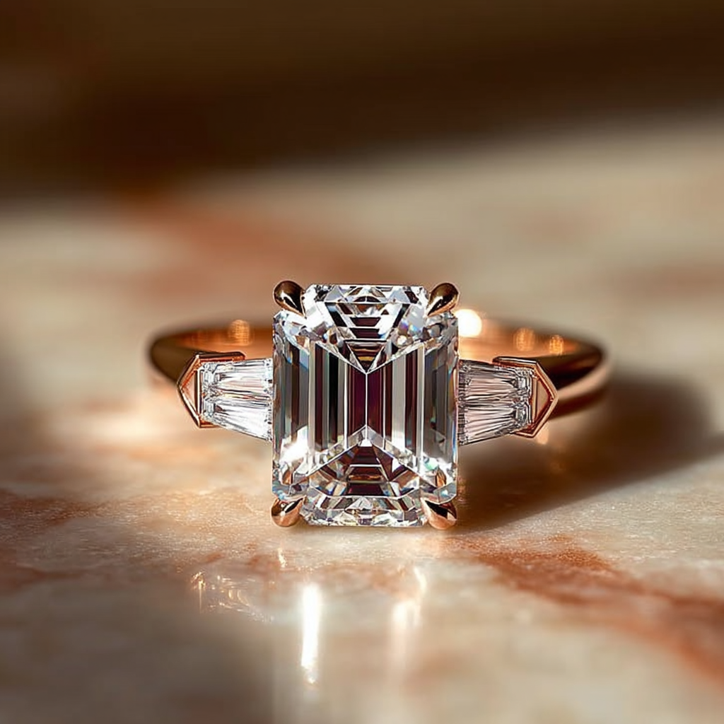 3 Carat Emerald Cut Lab Diamond Tapers Cut Side Diamonds Rose Gold
