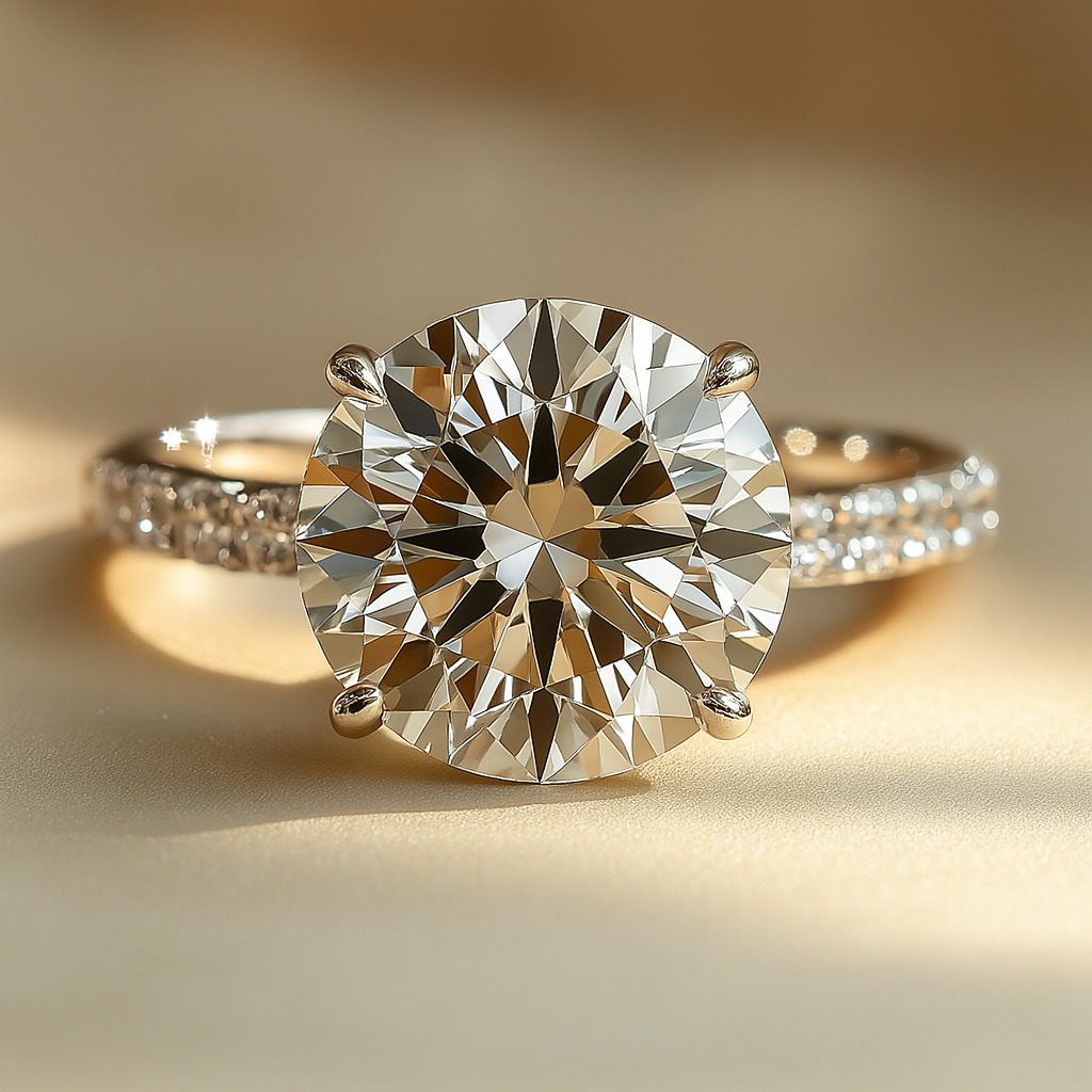 Round Cut Diamond set in white gold ring with accent