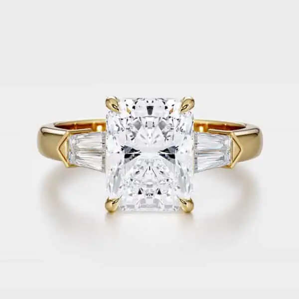 2 Carat Radiant Cut Diamond Ring, Gold and tapers on white background