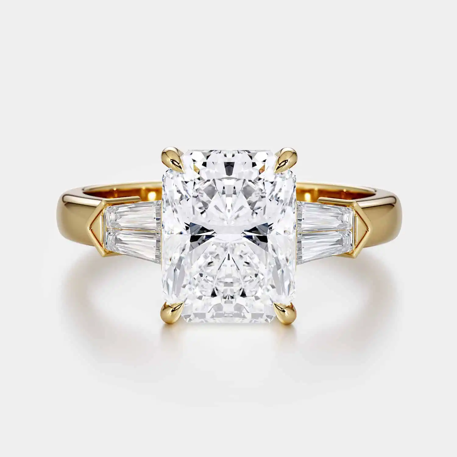 2 Carat Radiant Cut Diamond Ring, Gold and tapers on white background