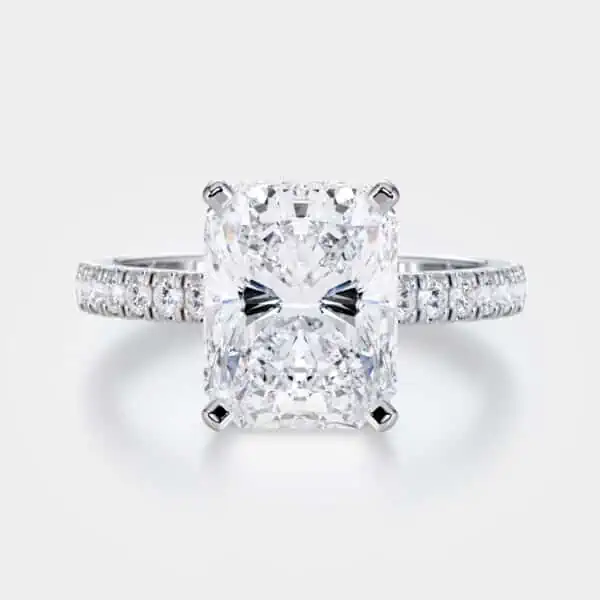 2 ct radiant cut diamond ring of white gold over white background
