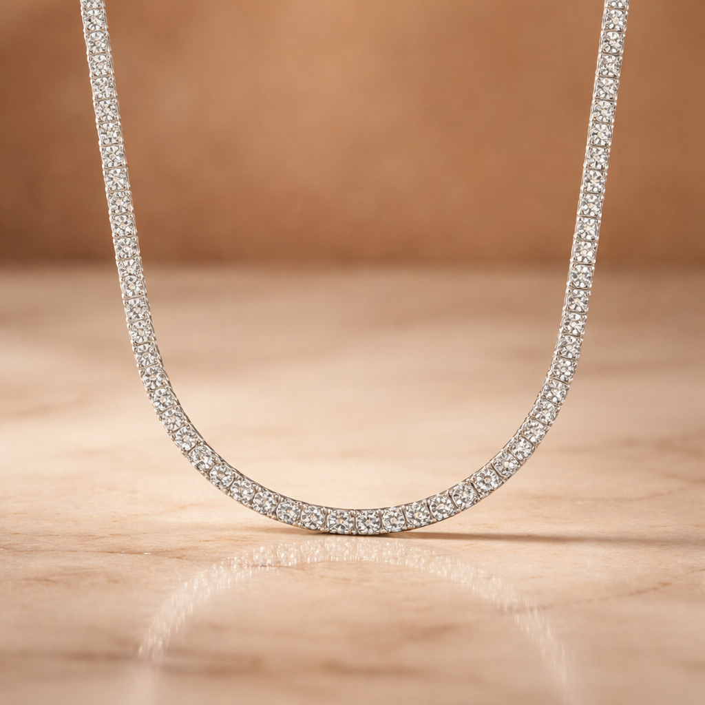 Ariel Jewelry | 10 Carat Lab Diamond Tennis Necklace (16”) – Round Diamonds, Four-Prong Setting – White Gold 10 Carat Lab Diamond Tennis Necklace (16”) – Round Diamonds, Four-Prong Setting – White Gold - Image 3