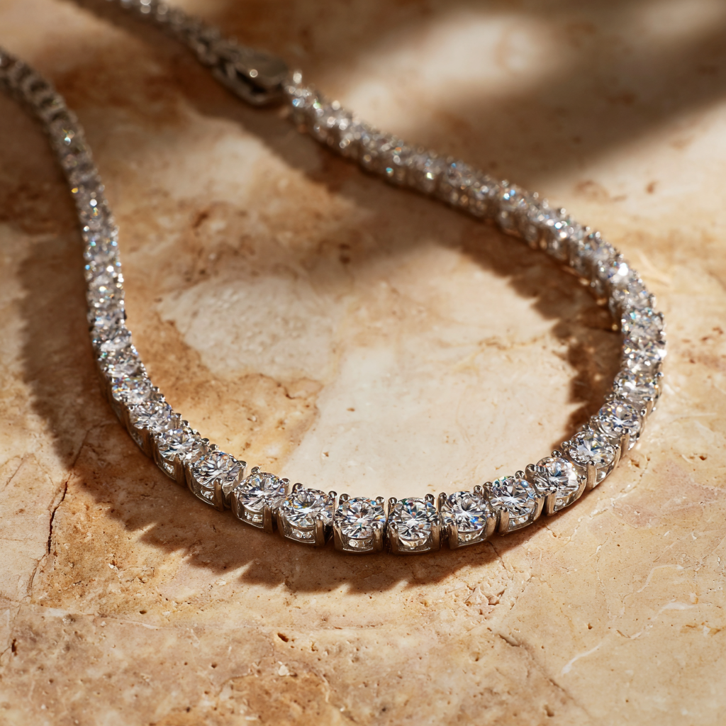 10 Carat Lab Diamond Tennis Necklace (16”) – Round Diamonds, Four-Prong Setting – White Gold - Image 4