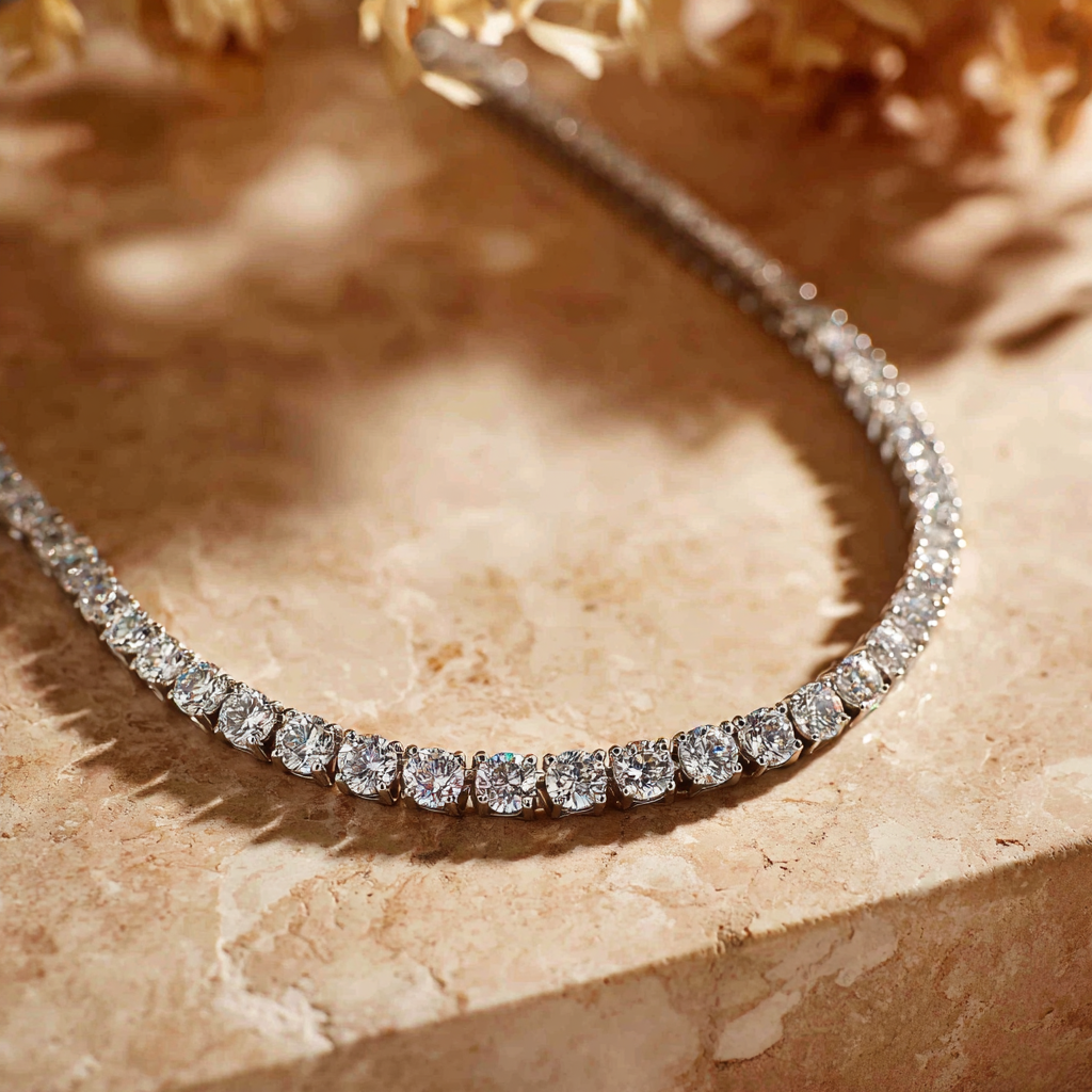 Ariel Jewelry | 10 Carat Lab Diamond Tennis Necklace (16”) – Round Diamonds, Four-Prong Setting – White Gold 10 Carat Lab Diamond Tennis Necklace (16”) – Round Diamonds, Four-Prong Setting – White Gold - Image 2