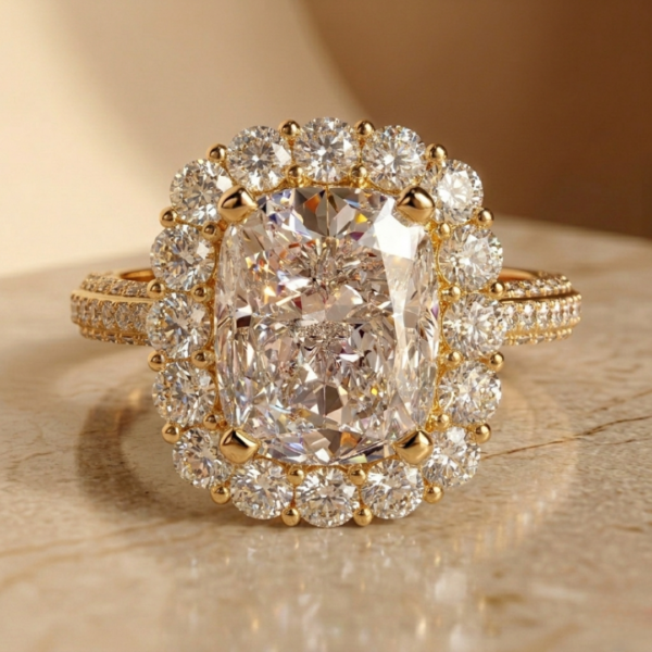5 Carat Cushion Cut Lab Diamond Halo Engagement Ring