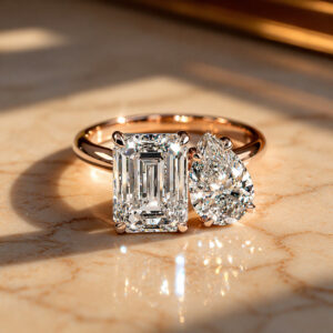4 Carat Toi et Moi Engagement Ring – Emerald Cut & Pear Shape Lab Diamonds in Rose Gold
