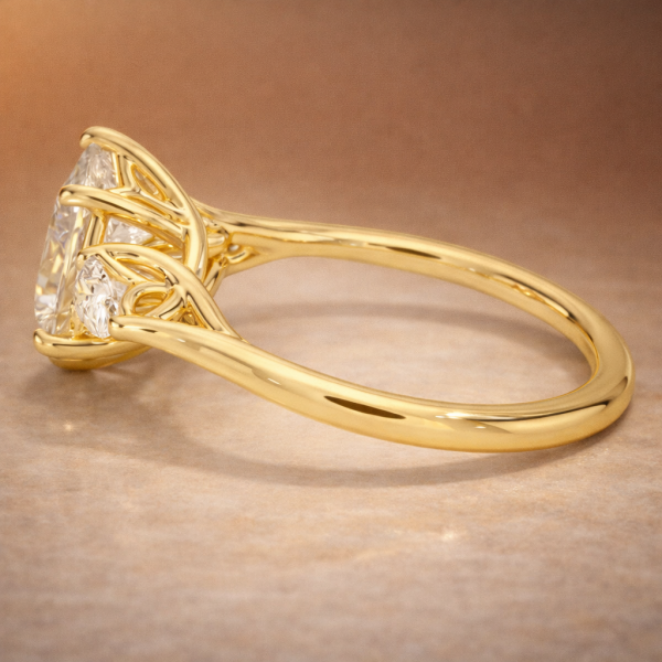3 Carat Pear Lab Diamond Trellis Three-Stone Engagement Gold Ring