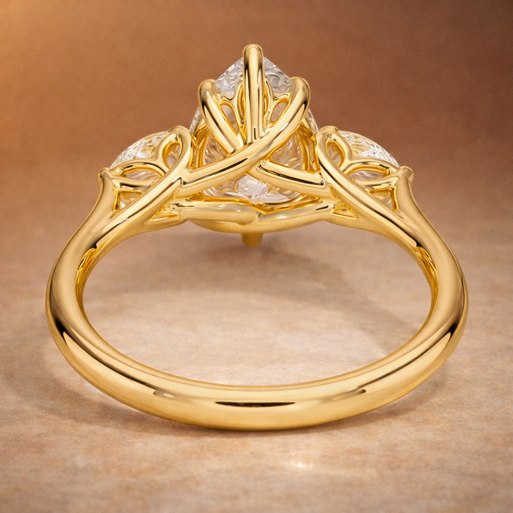 Ariel Jewelry | 3 Carat Pear Lab Diamond Trellis Three-Stone Engagement Gold Ring 3 Carat Pear Lab Diamond Trellis Three-Stone Engagement Gold Ring - Image 3