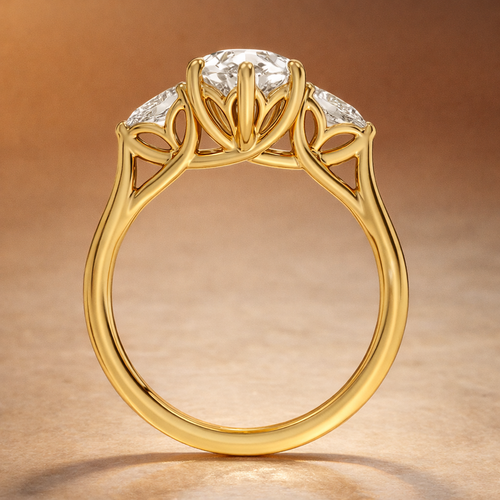 Ariel Jewelry | 3 Carat Pear Lab Diamond Trellis Three-Stone Engagement Gold Ring 3 Carat Pear Lab Diamond Trellis Three-Stone Engagement Gold Ring - Image 5