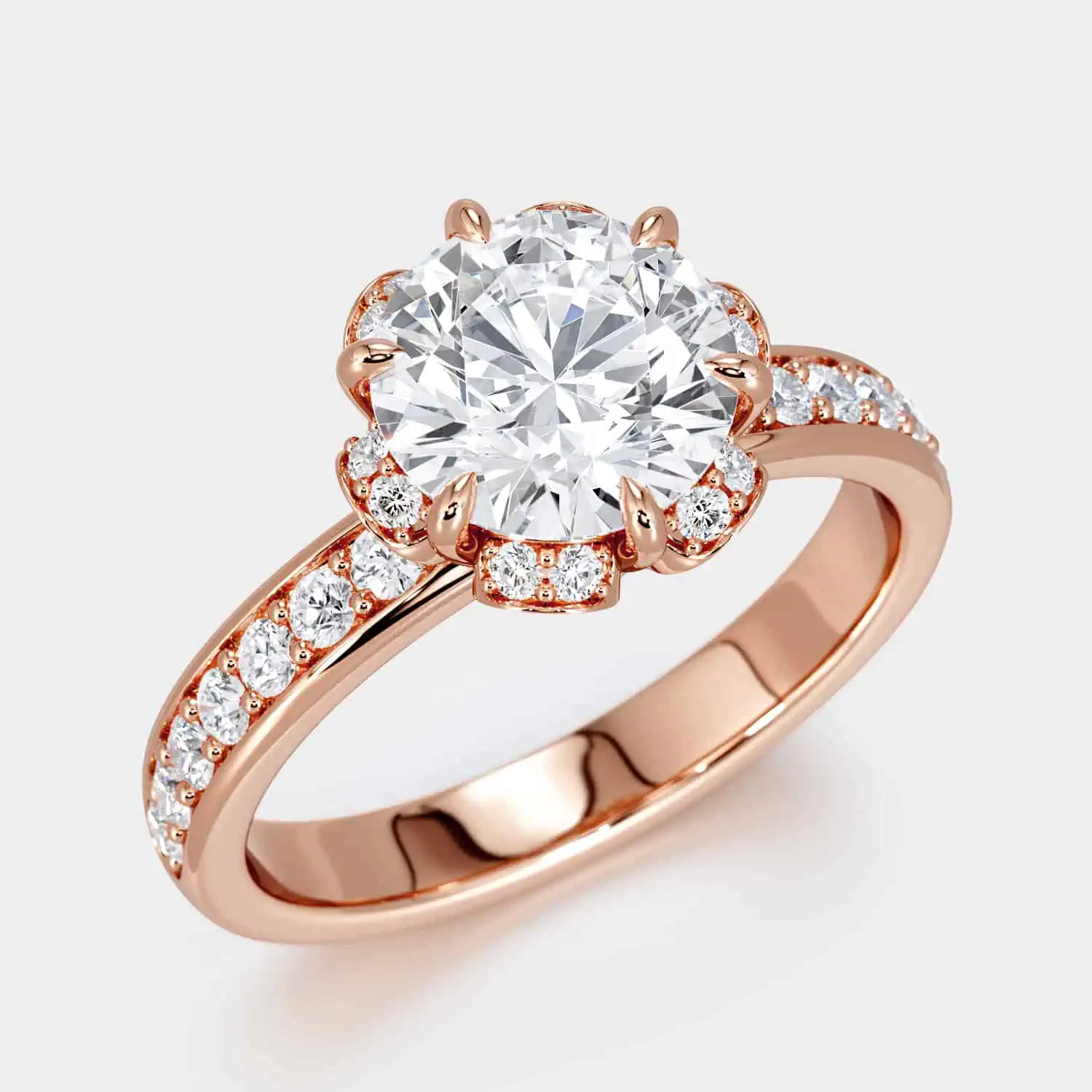 Round Cut Diamond Ring with Halo and a rose gold metal