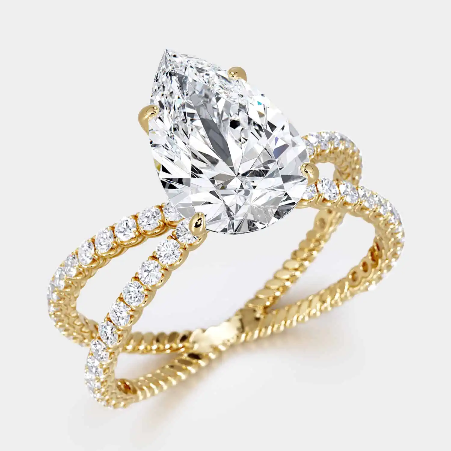 Hidden Halo ring with spear shaped diamond and a shape of X ring