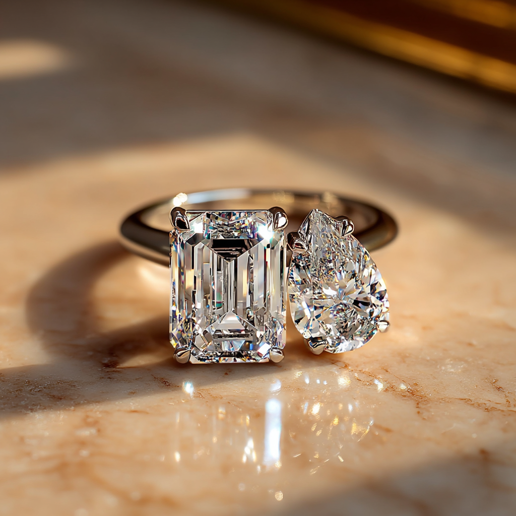 4 Carat Toi et Moi Engagement Ring – Emerald Cut & Pear Shape Lab Diamonds in Rose Gold - Image 6