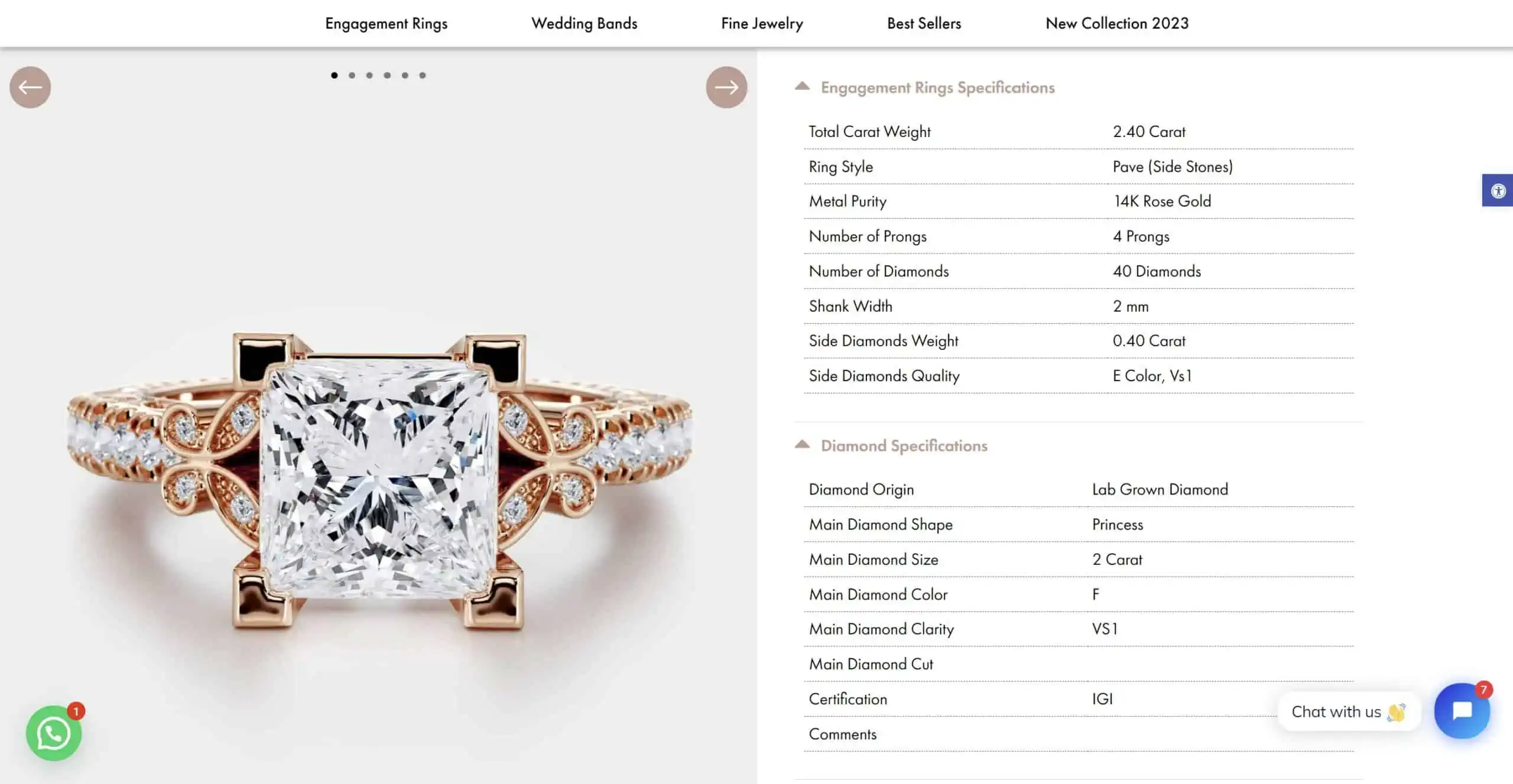 diamond ring showing diamond specification on a Ariel Jewelry online store