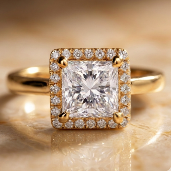 2.30 Carat Princess Cut Lab Diamond Halo Engagement Yellow Gold Ring