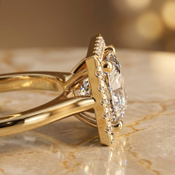 2.30 Carat Princess Cut Lab Diamond Halo Engagement Yellow Gold Ring