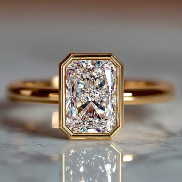 2 Carat Radiant Cut Lab Diamond Bezel Engagement Ring in Yellow Gold