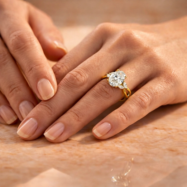 3 Carat Oval Lab Diamond Engagement Ring With Marquise Side Stones in Gold 14k