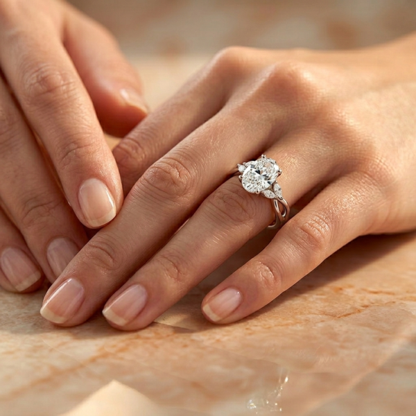 3 Carat Oval Lab Diamond Engagement Ring with Marquise Side Stones in 14K White Gold