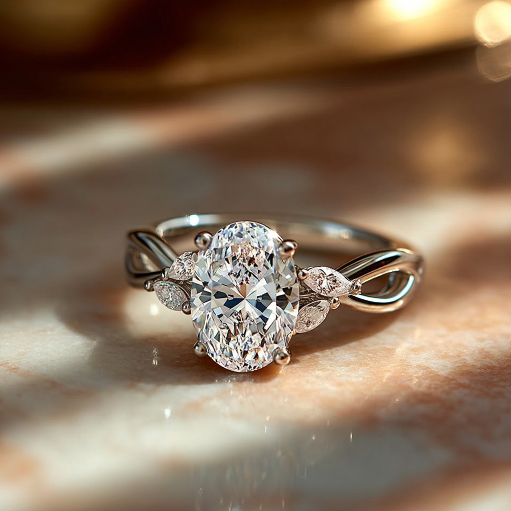 3 Carat Oval Lab Diamond Engagement Ring with Marquise Side Stones in 14K White Gold - Image 8