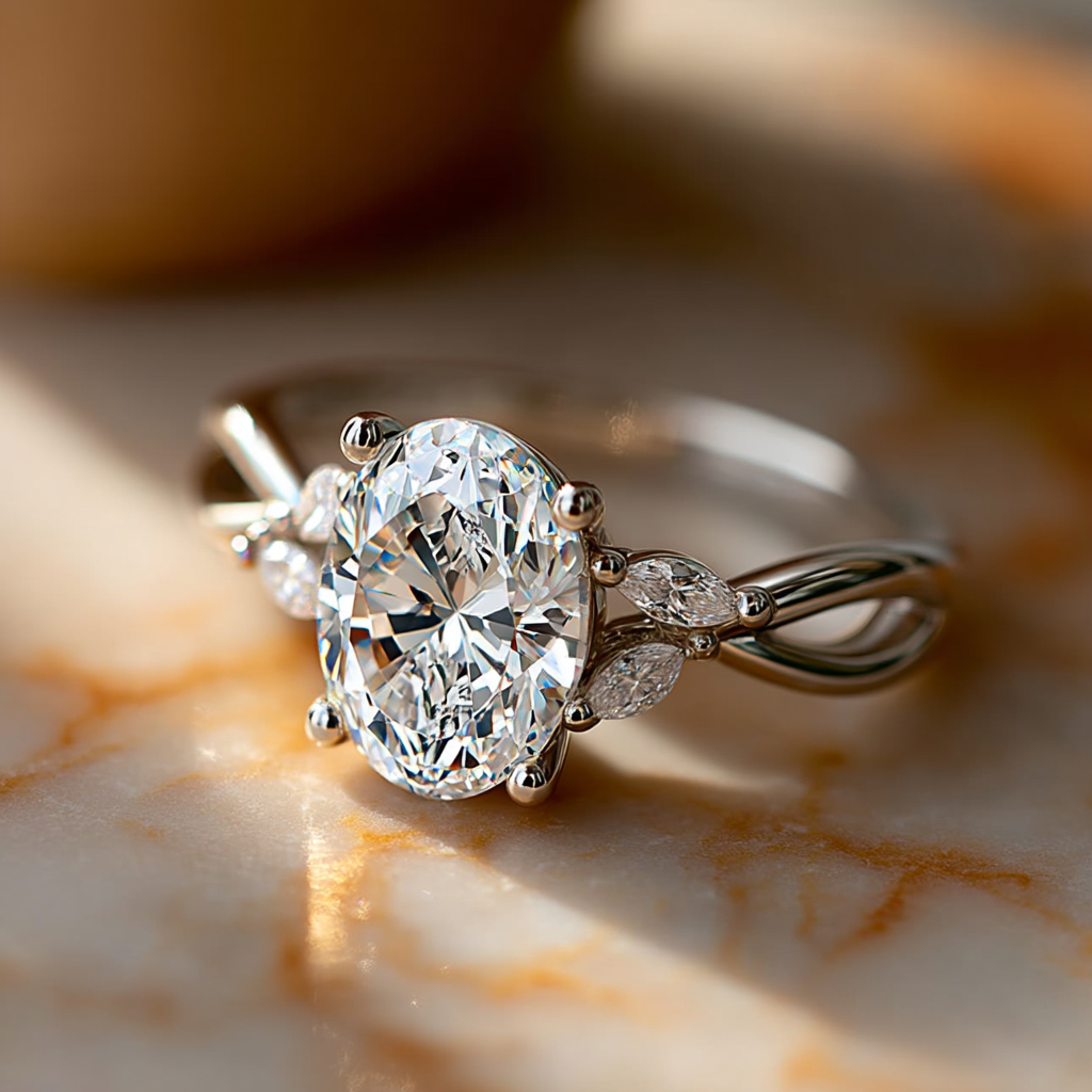 3 Carat Oval Lab Diamond Engagement Ring with Marquise Side Stones in 14K White Gold