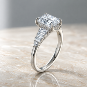 Ariel Jewellery | 3 Carat Emerald Cut Diamond And Baguette White Gold Ring 14K