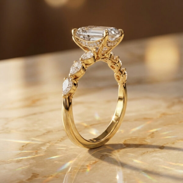 3 Carat Emerald Cut Diamond And Pear Shape Hidden Halo Ring in Yellow Gold