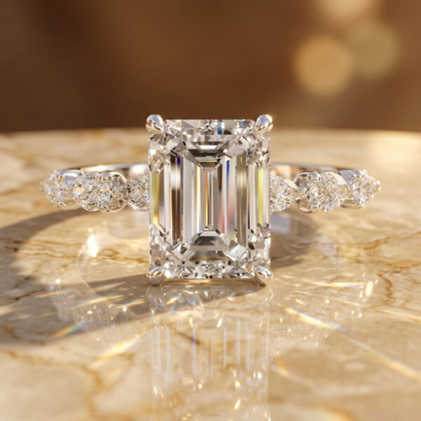 4 Carat Emerald Cut Lab Diamond Hidden Halo Ring in White Gold