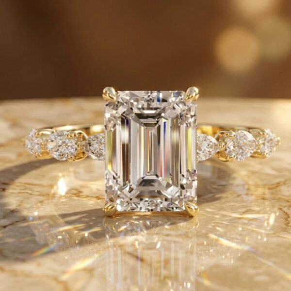 3 Carat Emerald Cut Diamond And Pear Shape Hidden Halo Ring in Yellow Gold