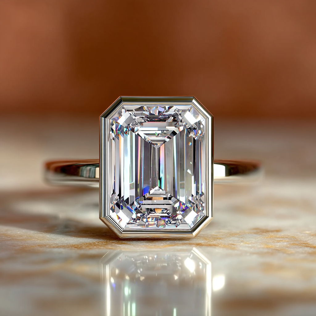 5 Carat Emerald Cut Lab Grown Diamond Ring – Bezel Setting in 14K White Gold