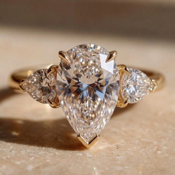 2 Carat Pear Lab Diamond Trellis Three-Stone Engagement Gold Ring