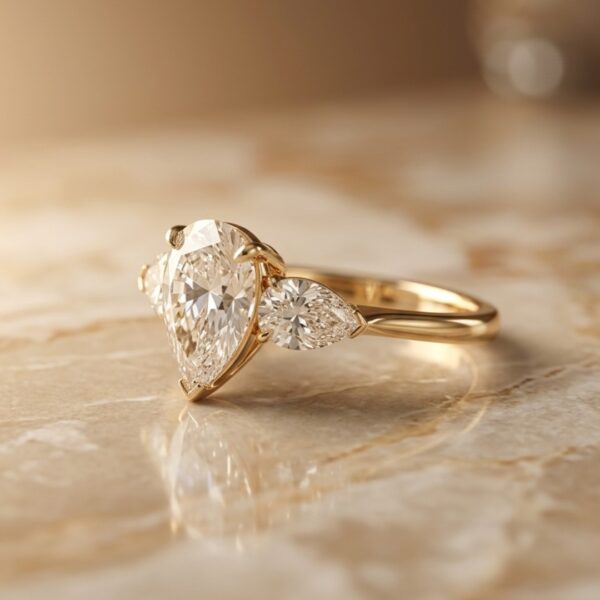 2 Carat Pear Lab Diamond Trellis Three-Stone Engagement Gold Ring