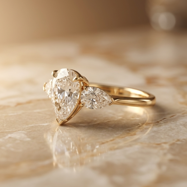 2 Carat Pear Lab Diamond Trellis Three-Stone Engagement Gold Ring