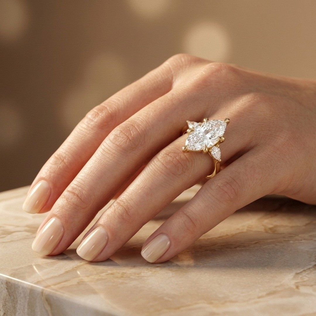 3 Carat Marquise Diamond Three Stone Engagement Ring in 14K Yellow Gold - Image 5