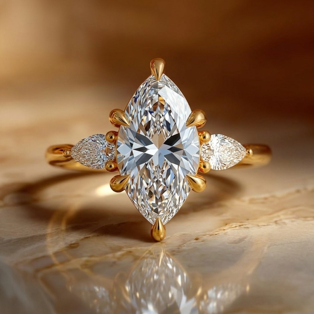 3 Carat Marquise Diamond Three Stone Engagement Ring in 14K Yellow Gold